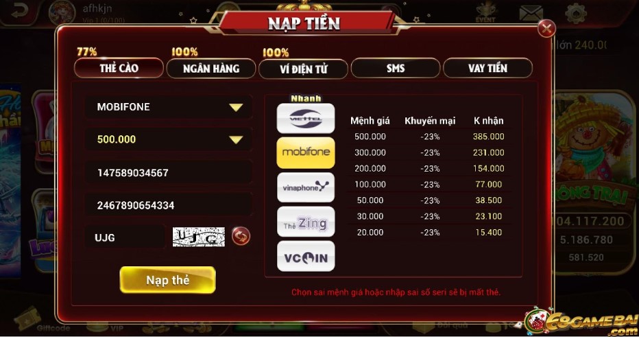 Không khó để nạp tiền vào cổng game Bethu Club 