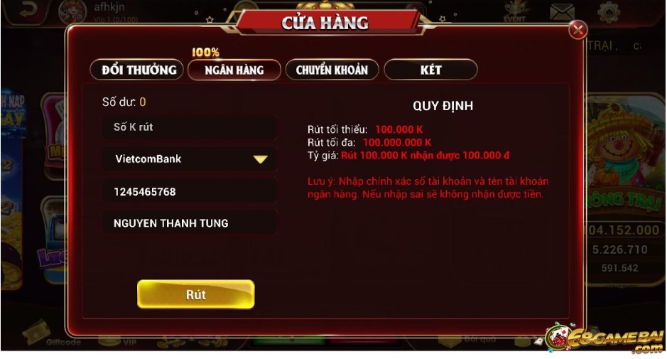 Rút tiền từ cổng game Bethu Club khá dễ dàng 