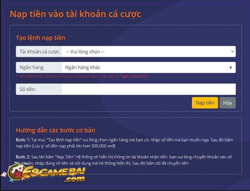 Mẫu nạp tiền vào tài khoản cá cược