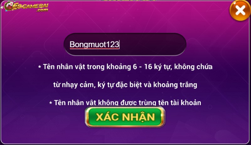 Người chơi cần đặt tên nhân vật trong hệ thống game 