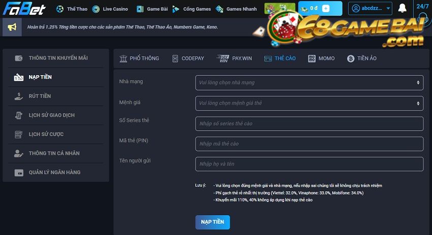 Nạp tiền vào tài khoản tại nhà cái hàng đầu Fabet