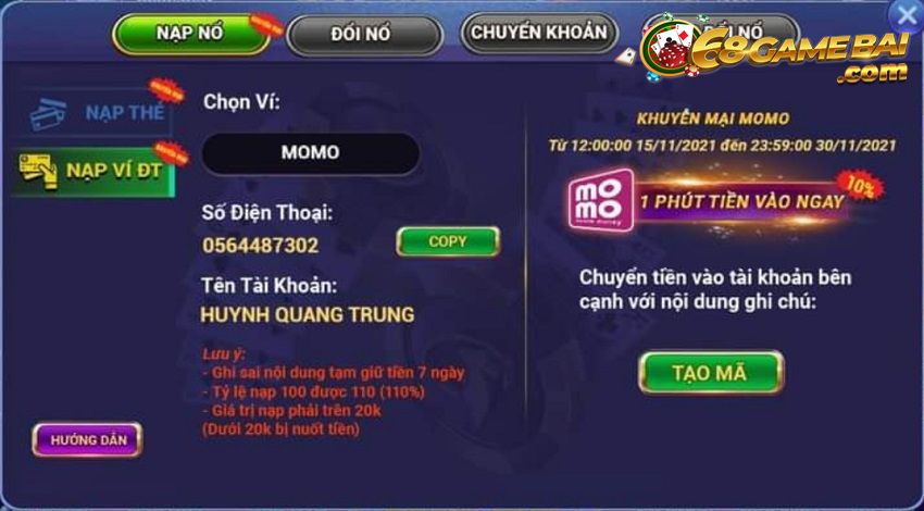 Nạp Nổ nhanh chóng với thủ tục đơn giản, dễ hoàn thành