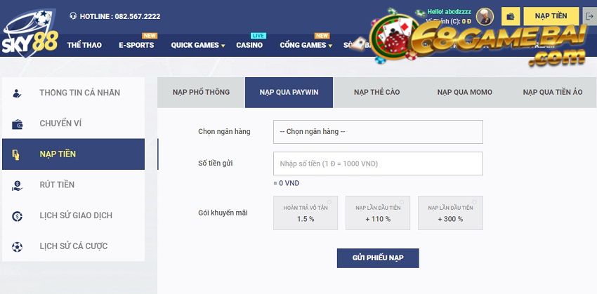 Đưa tiền vào tài khoản nhanh gọn tại Sky88