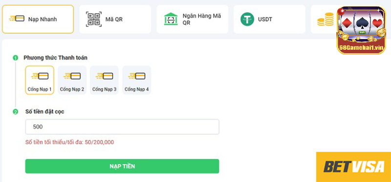 Nạp tiền Betvisa đa dạng các bước - Thành công sau 1 phút