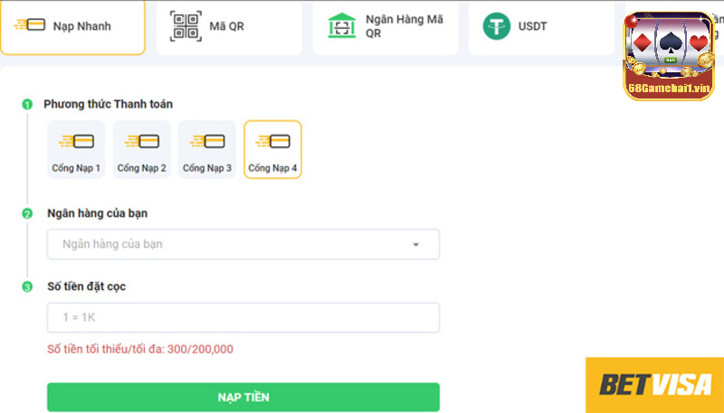 Nạp tiền Betvisa đa dạng các bước - Thành công sau 1 phút