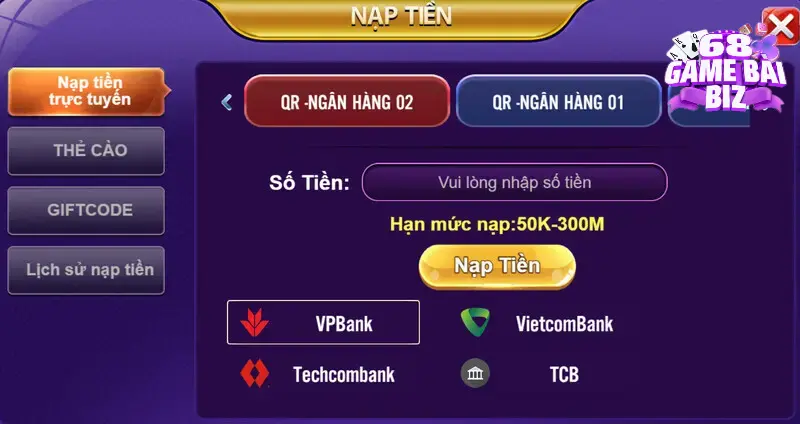 Các bước nạp tiền đúng tại cổng game 68gamebai